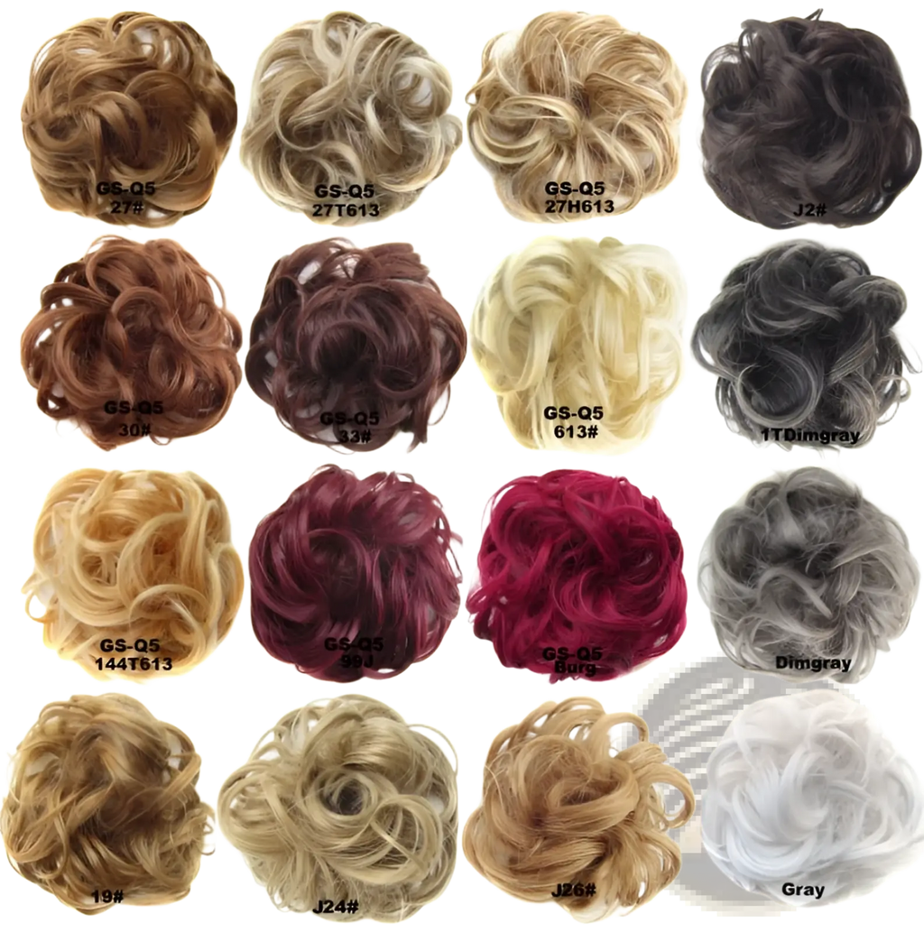 Curly synthetic hair bun extension collection in 46 colors including blonde brown black red gray and white shades