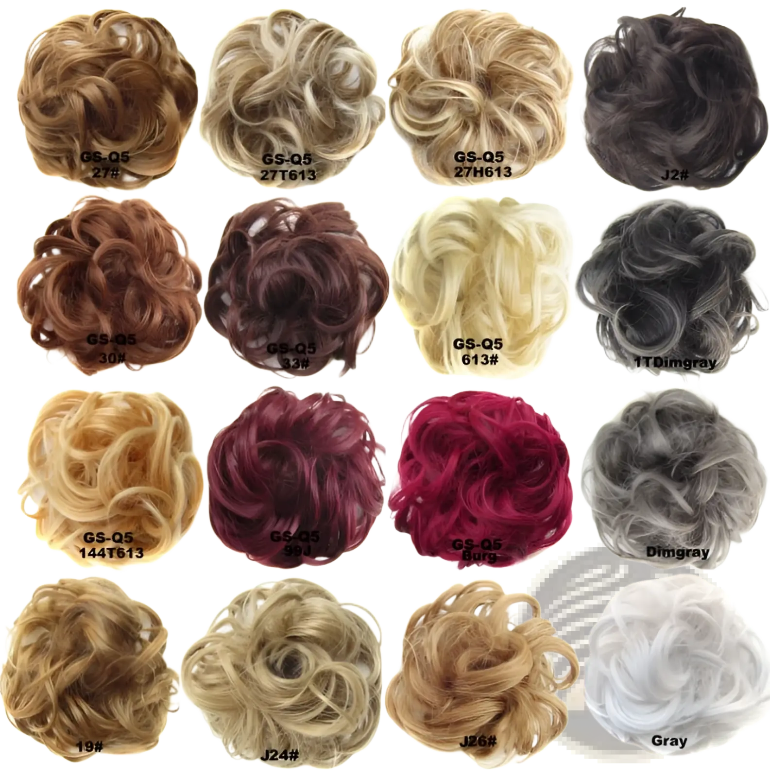 Curly synthetic hair bun extension collection in 46 colors including blonde brown black red gray and white shades