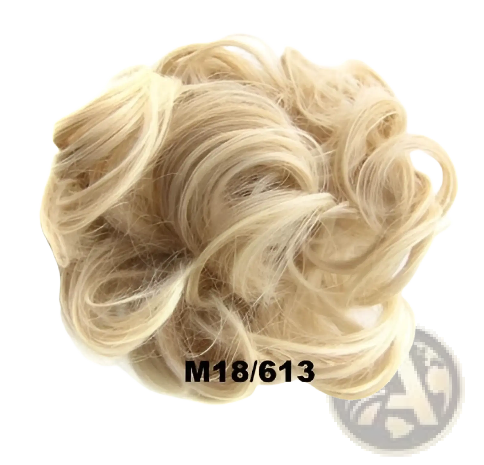 Curly synthetic hair bun extension in blonde with soft voluminous texture and natural-looking curls