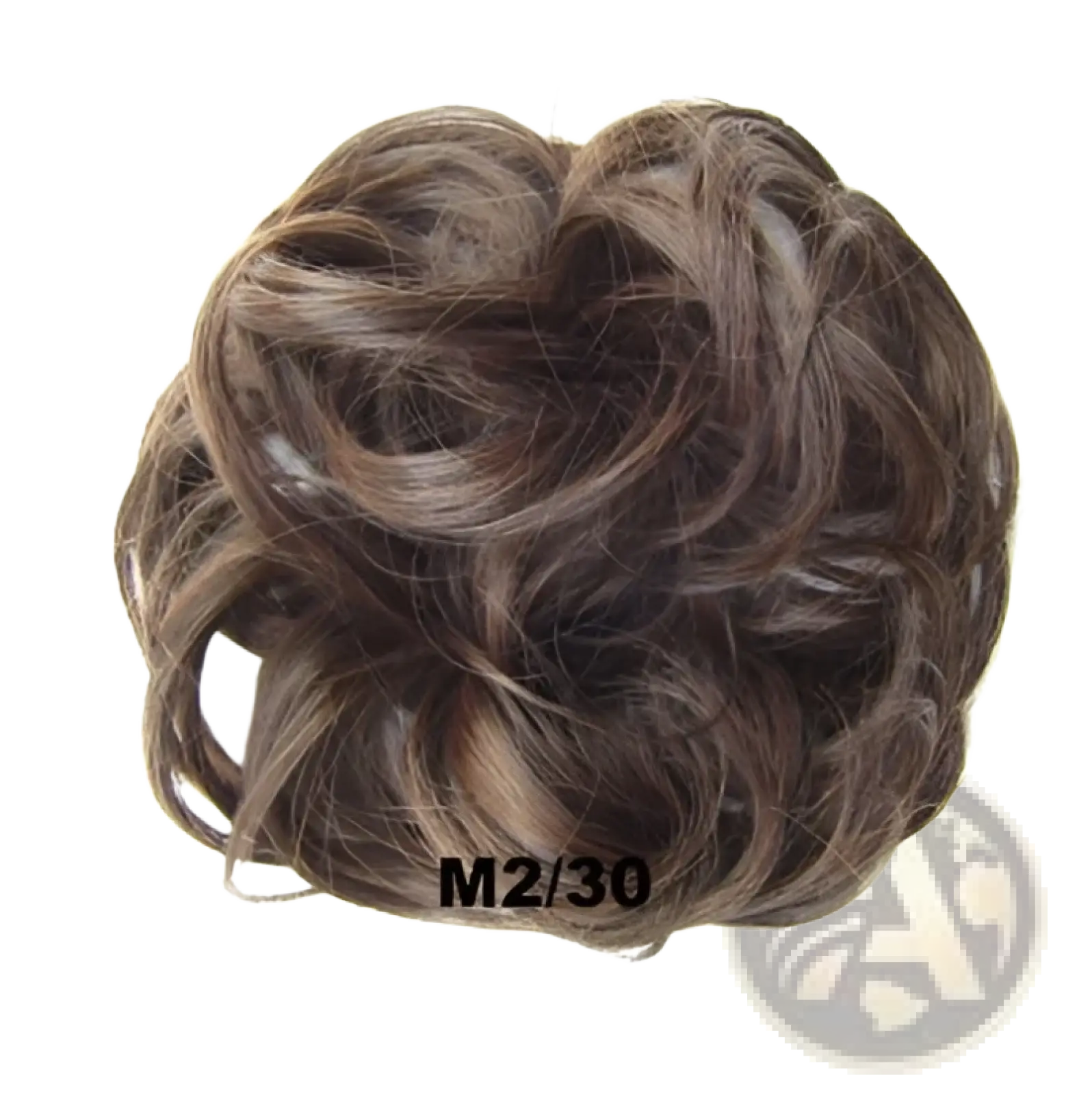 Curly synthetic hair bun extension in brown with natural texture and slight shade variation for versatile styling