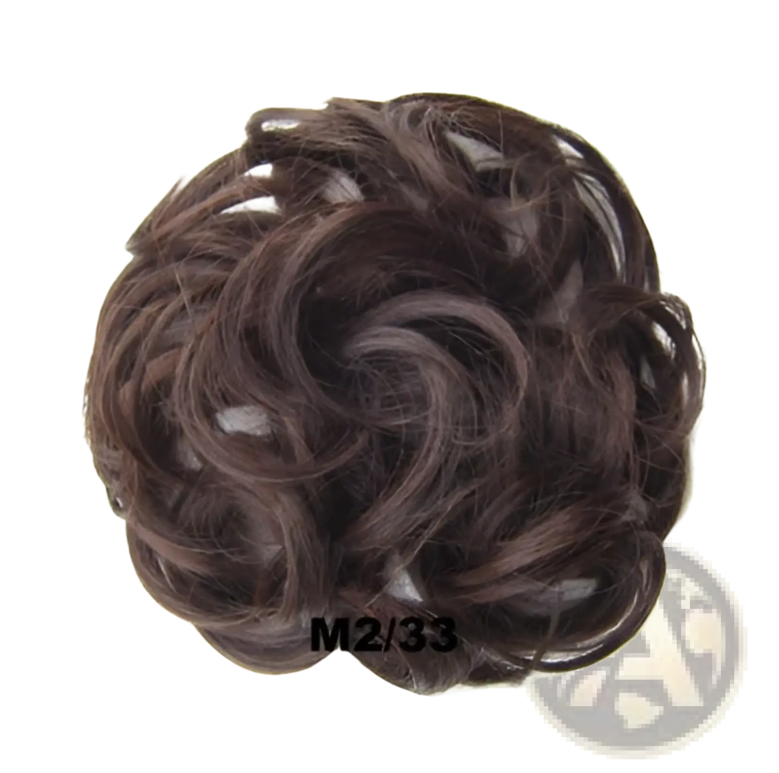 Dark brown curly synthetic hair bun extension with soft texture and natural-looking strands in 46 colors available