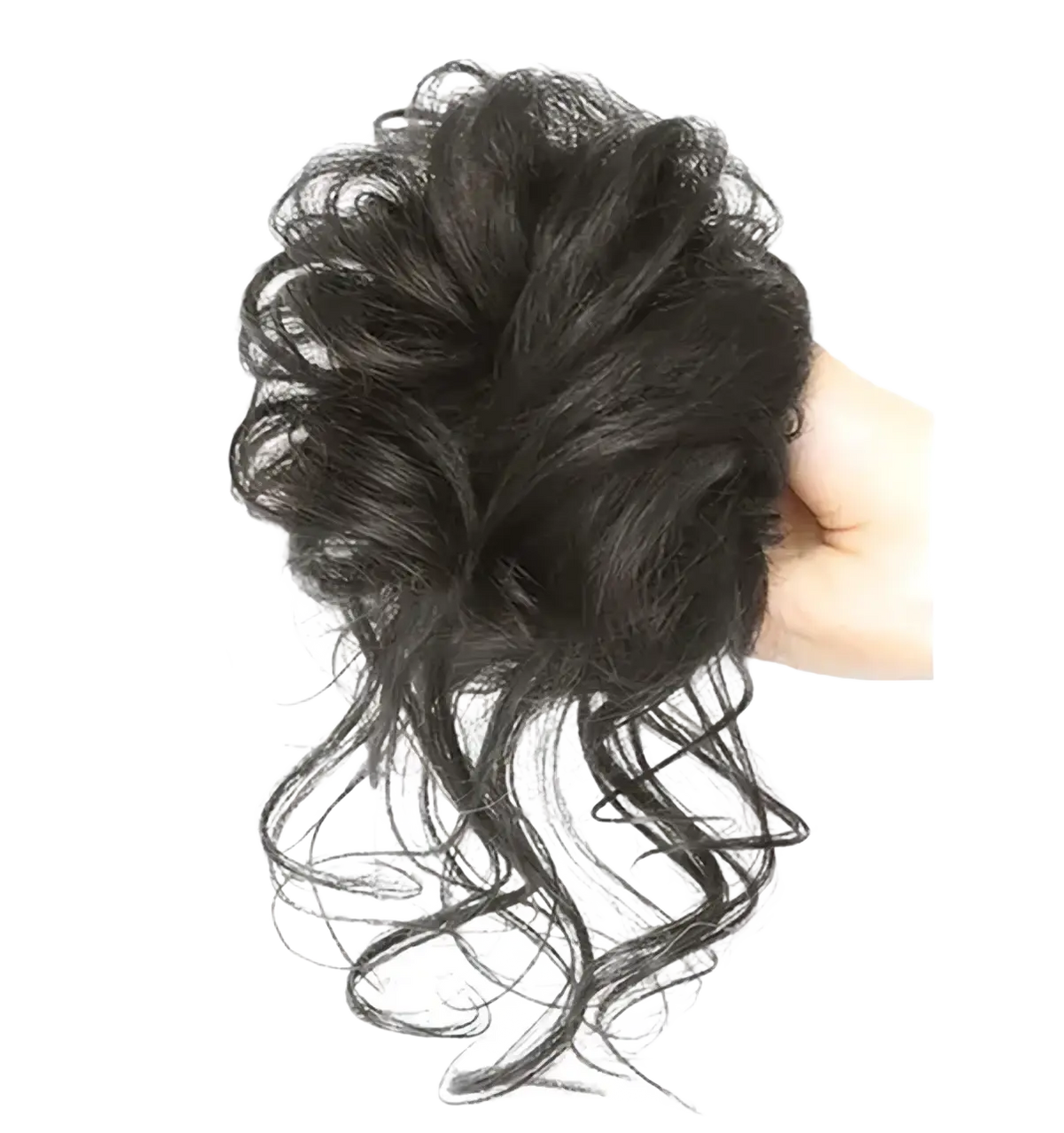 Black curly synthetic hair bun scrunchie with voluminous textured design for a stylish hair piece accessory