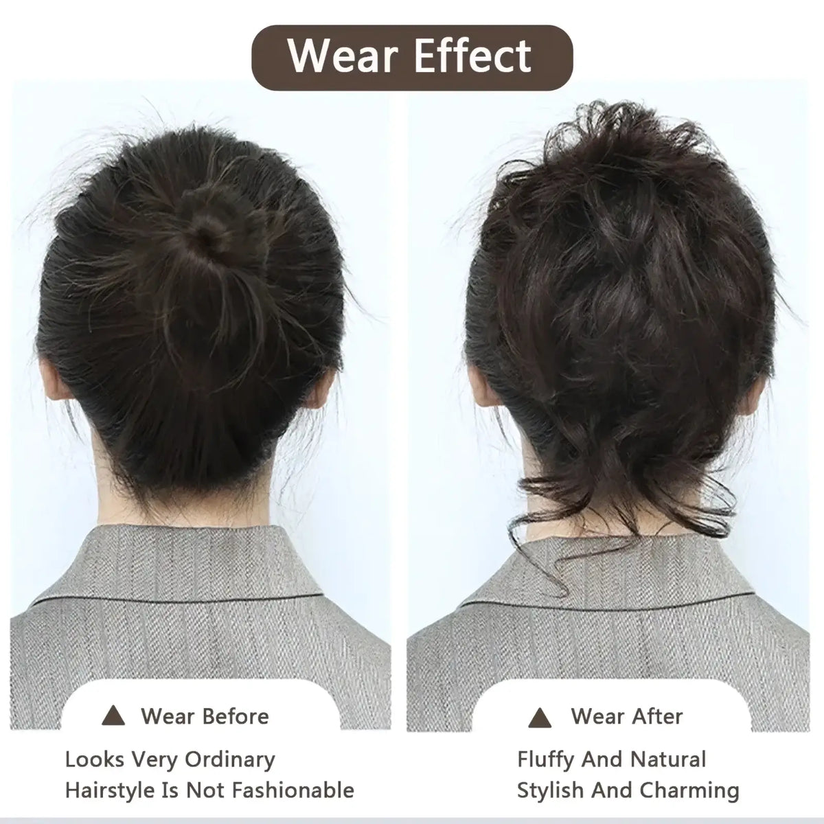 Black curly synthetic hair bun scrunchie designed for a voluminous and natural fluffy hairstyle accessory