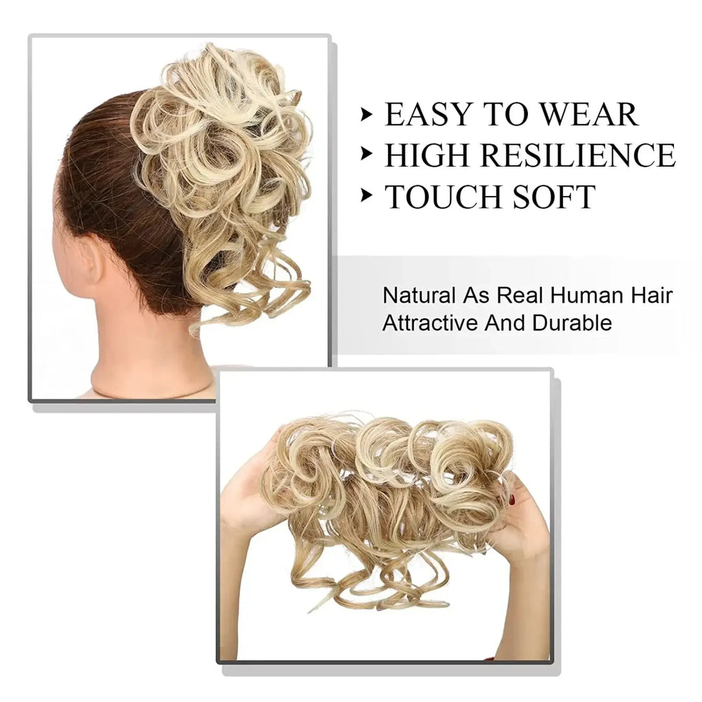 Blonde curly synthetic hair bun scrunchie voluminous hair piece designed for easy wear and high resilience