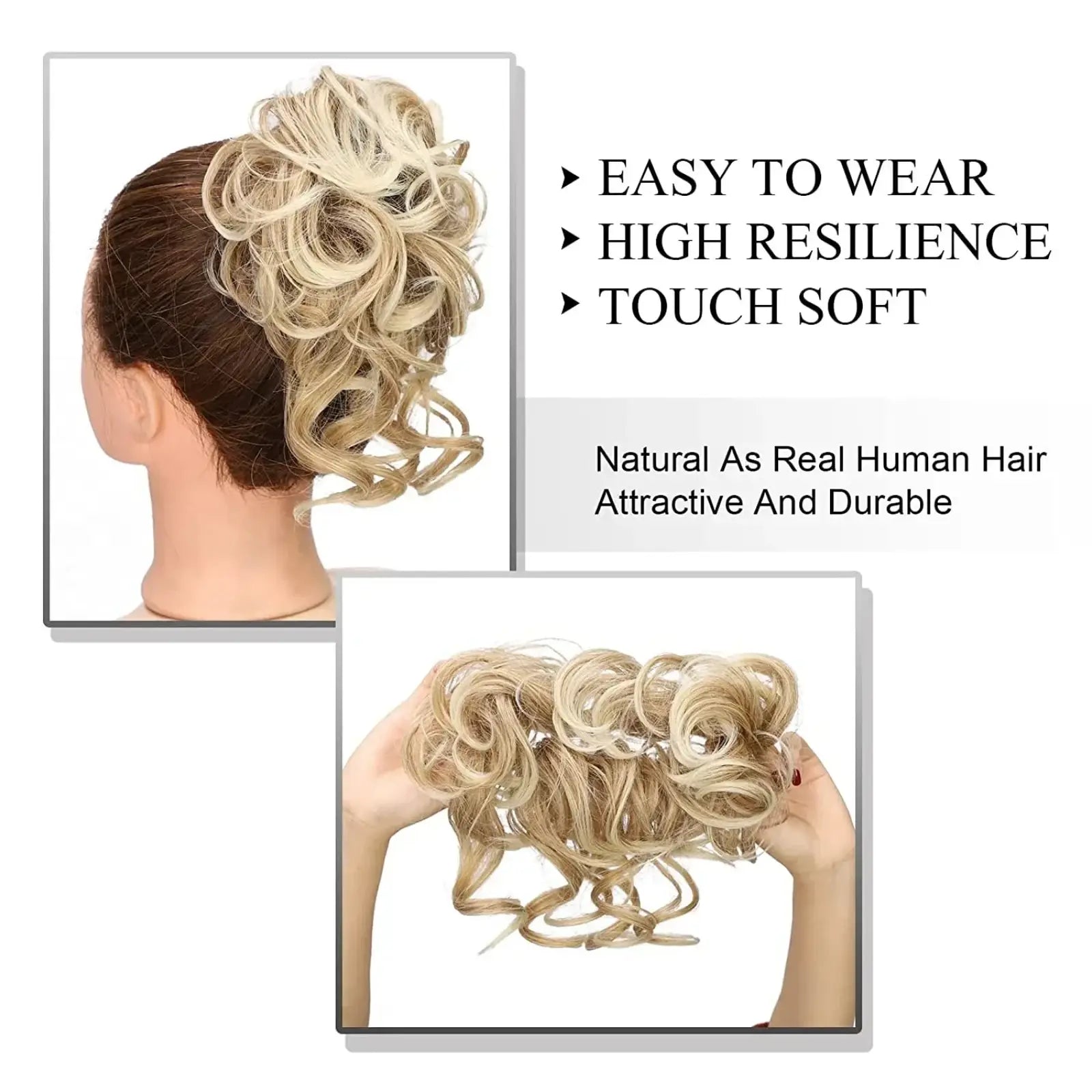 Blonde curly synthetic hair bun scrunchie voluminous hair piece designed for easy wear and high resilience