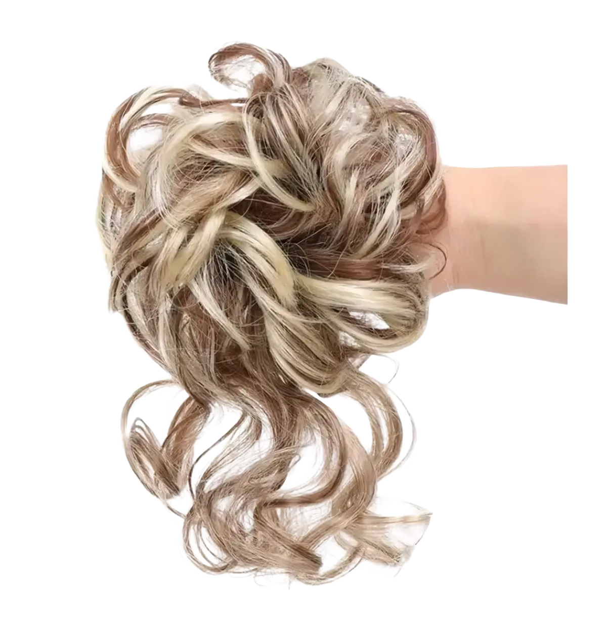 A voluminous curly blonde and brown synthetic hair bun scrunchie with a soft wavy texture hair piece