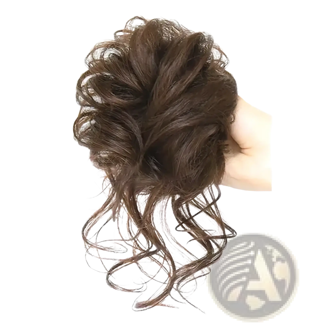 Curly synthetic hair bun scrunchie voluminous dark brown hair piece with loose wavy strands for stylish wear