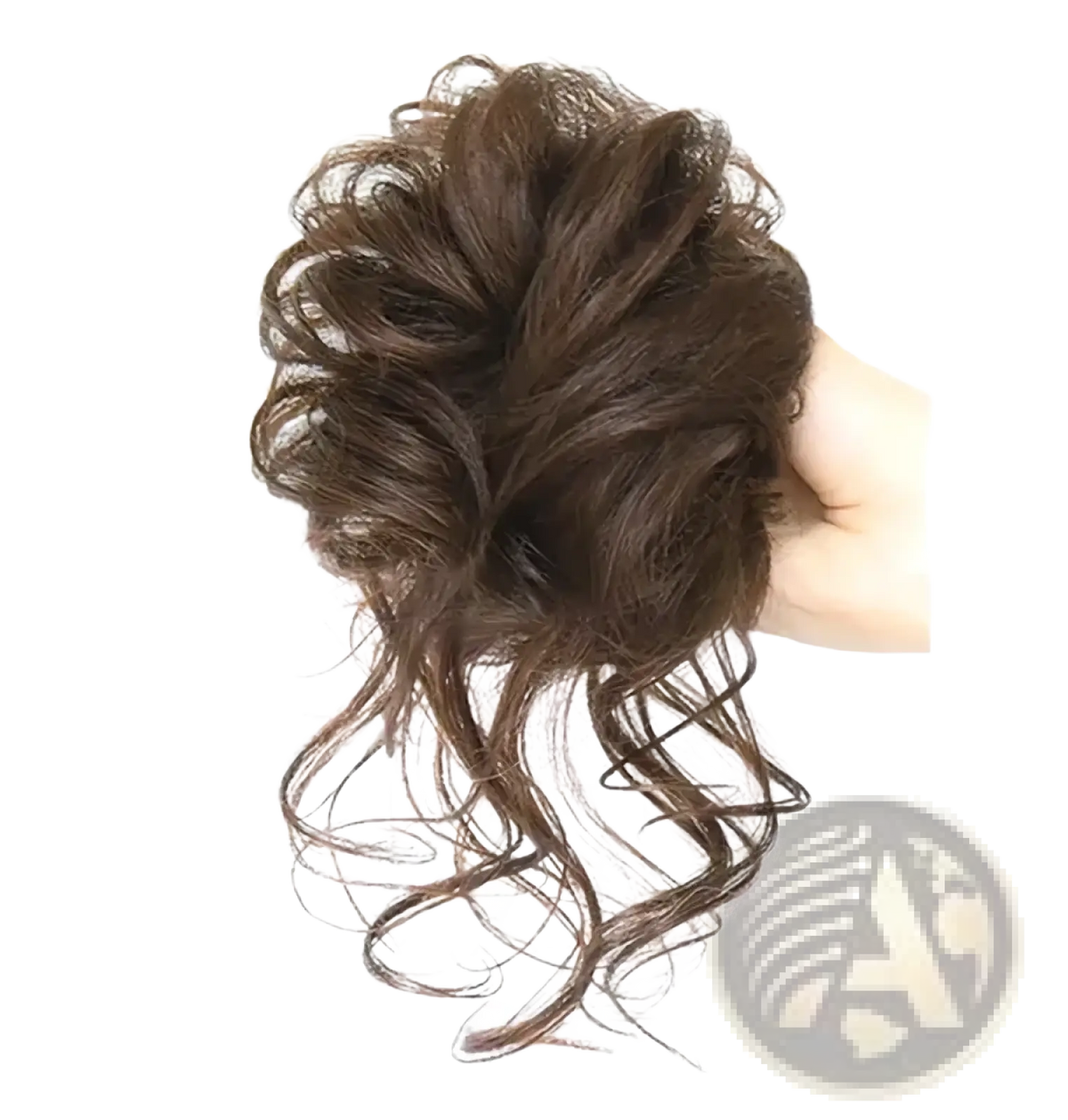 Curly synthetic hair bun scrunchie voluminous dark brown hair piece with loose wavy strands for stylish wear