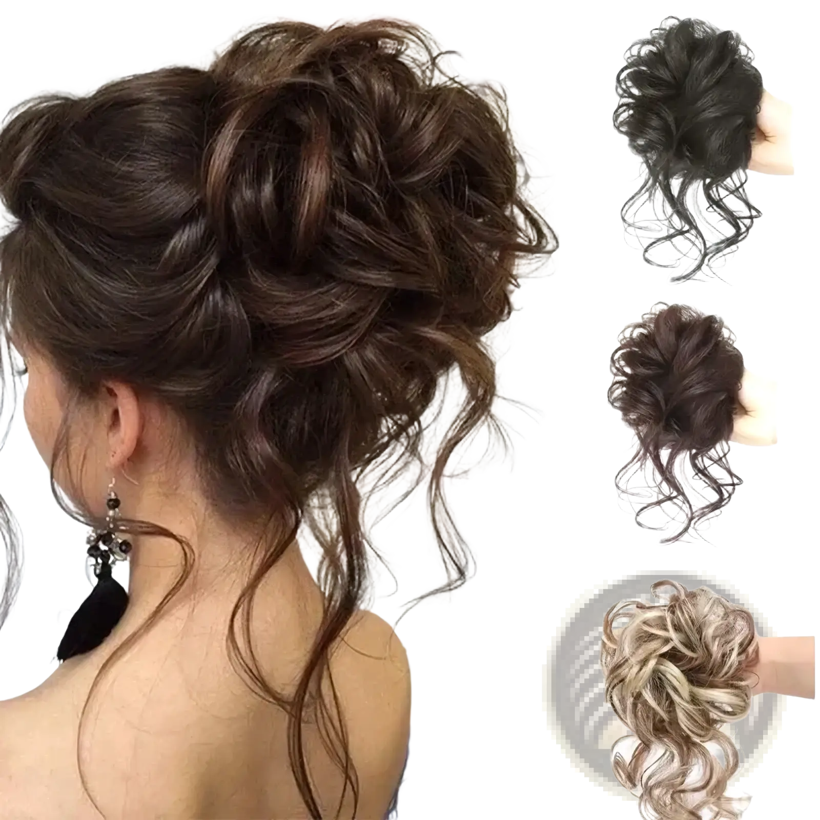 Dark brown curly synthetic hair bun scrunchie with voluminous wavy texture and loose tendrils for styling