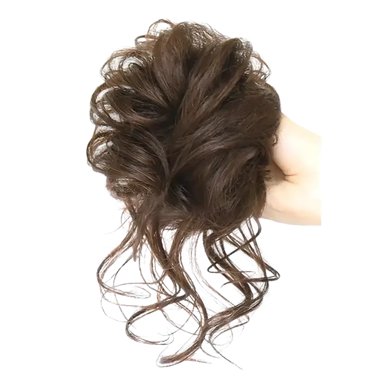 Curly synthetic hair bun scrunchie voluminous dark brown hair piece with loose wavy strands for stylish wear