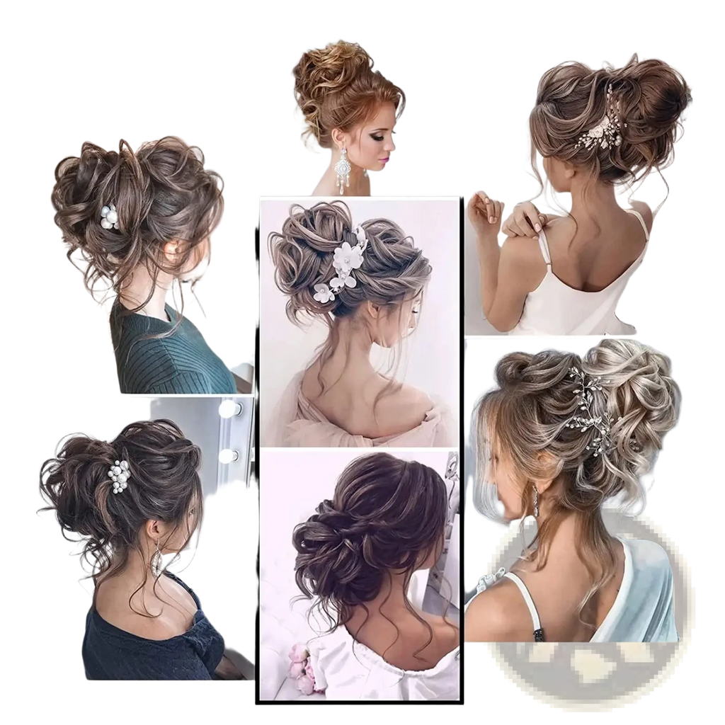 Elegant white and silver floral hair clips with pearl accents paired with a curly synthetic hair bun scrunchie