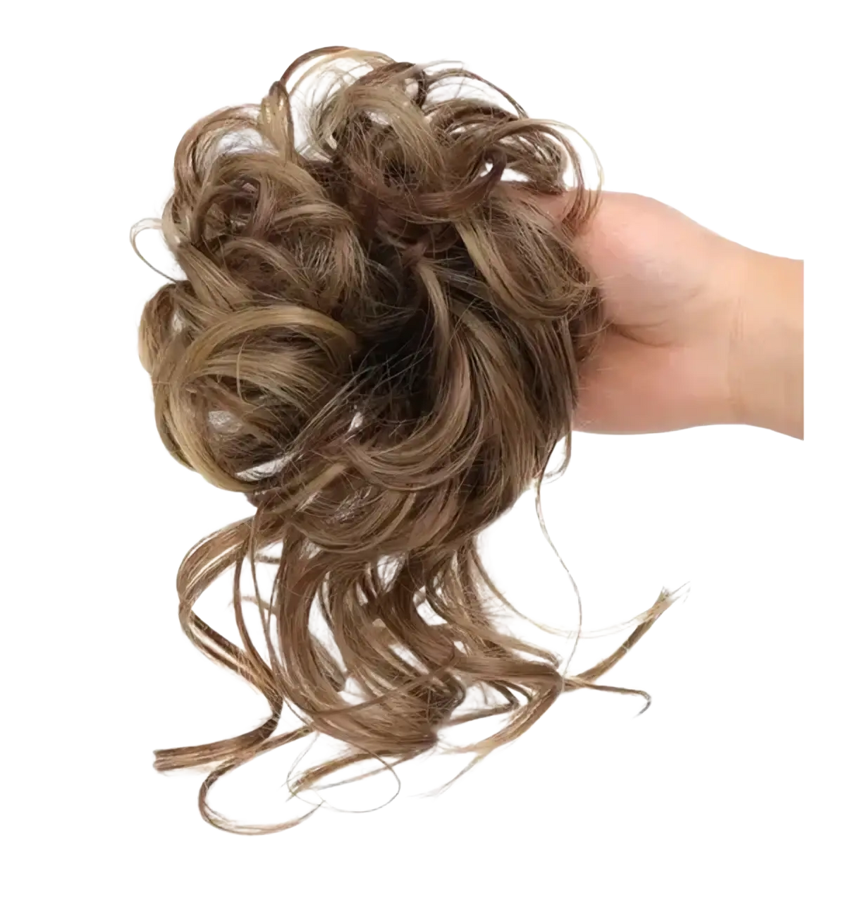 A hand holds a voluminous curly synthetic hair bun scrunchie in brown with subtle lighter highlights and realistic texture