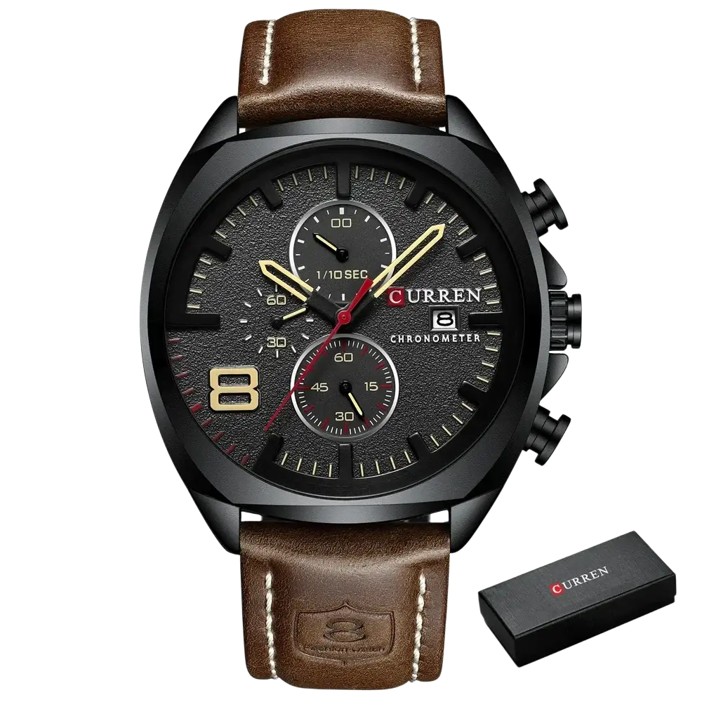 Curren chronograph leather watch for men with black dial, gold-tone accents, and brown leather strap