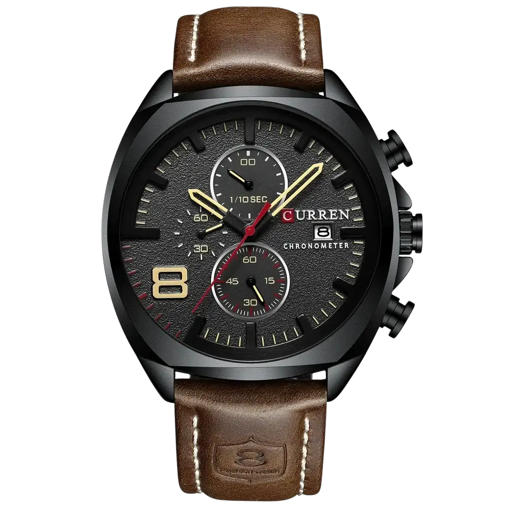 Curren chronograph leather watch for men with a black dial, gold-tone accents, and brown leather strap
