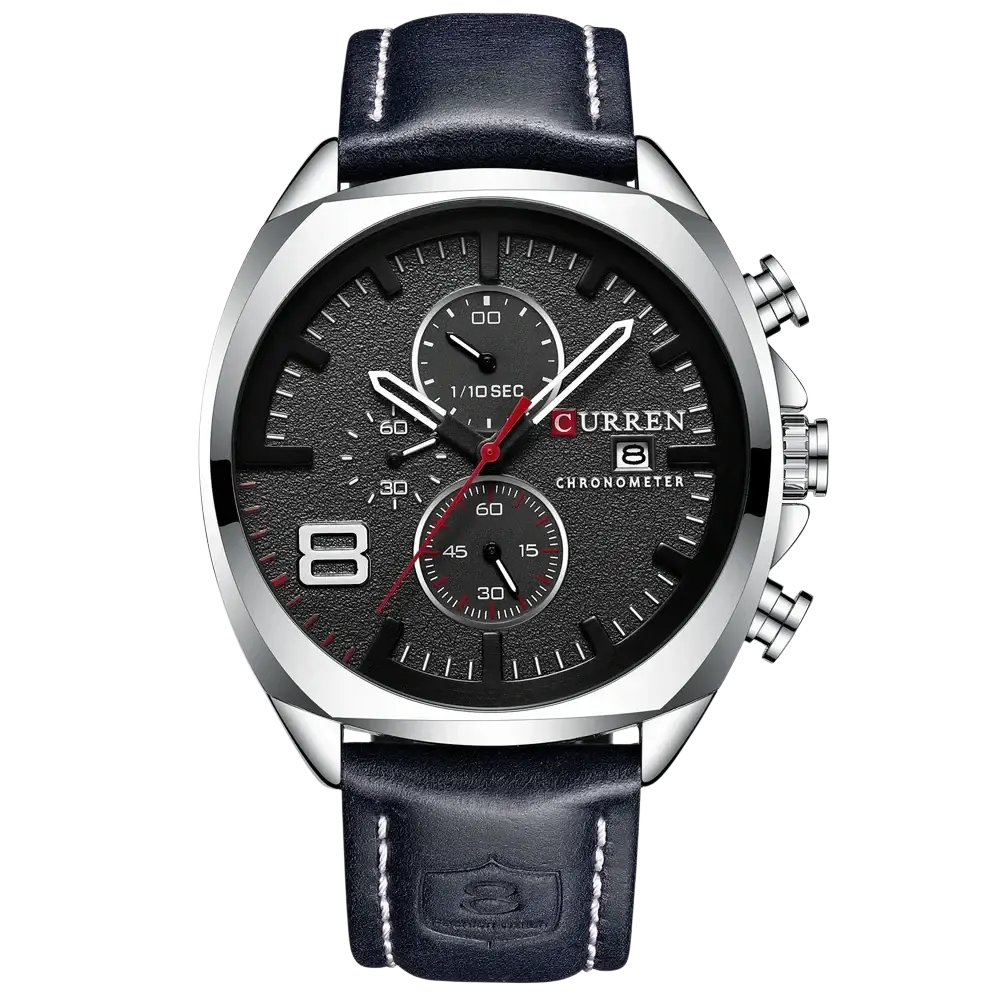 Curren chronograph leather watch for men with black leather strap white stitching silver case black dial red accents