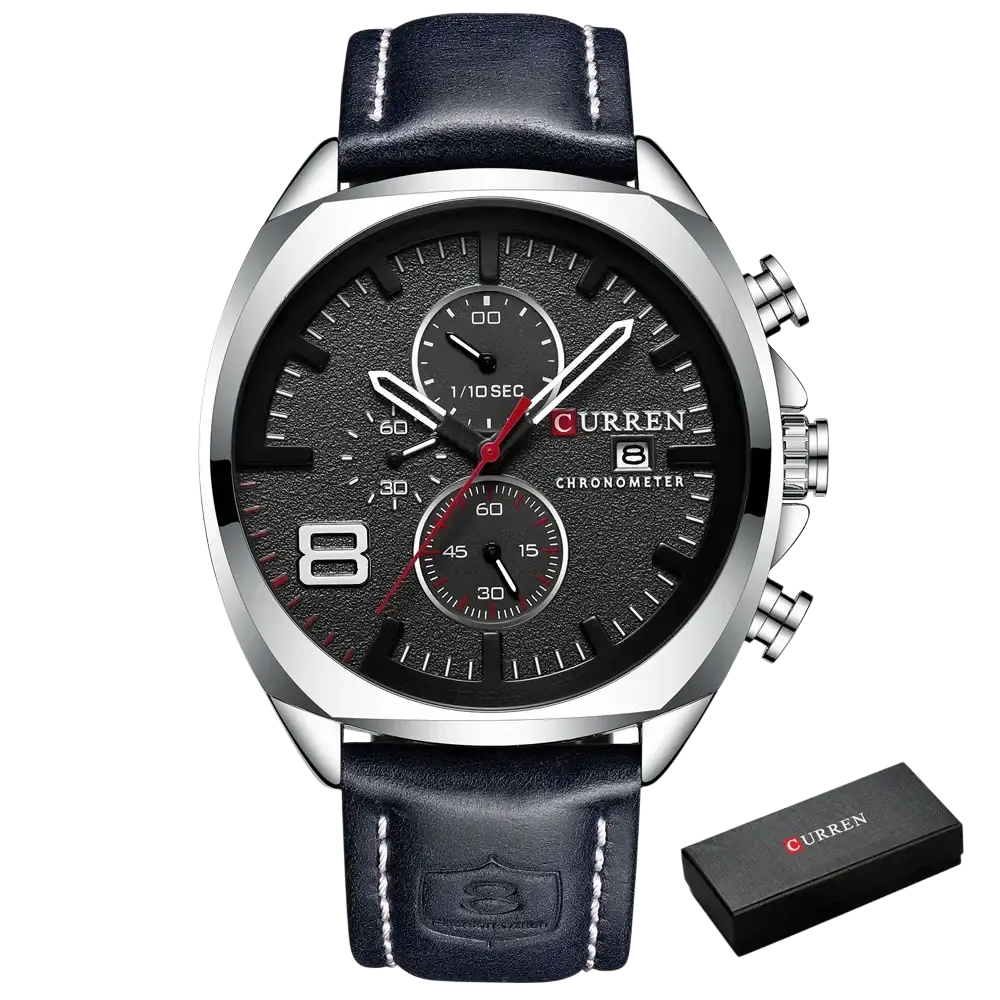Curren chronograph leather watch for men with black leather strap silver case and red second hand