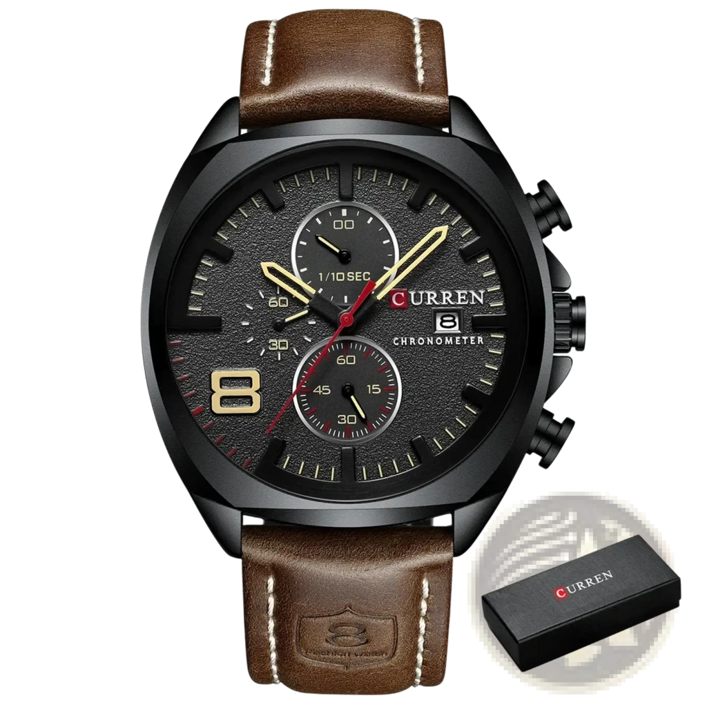 Curren chronograph leather watch for men with black dial, gold-tone accents, and brown leather strap
