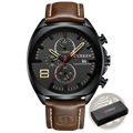 Curren chronograph leather watch for men with black dial, gold-tone accents, and brown leather strap