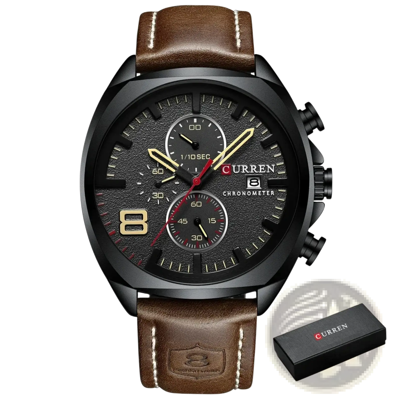 Curren chronograph leather watch for men with black dial, gold-tone accents, and brown leather strap