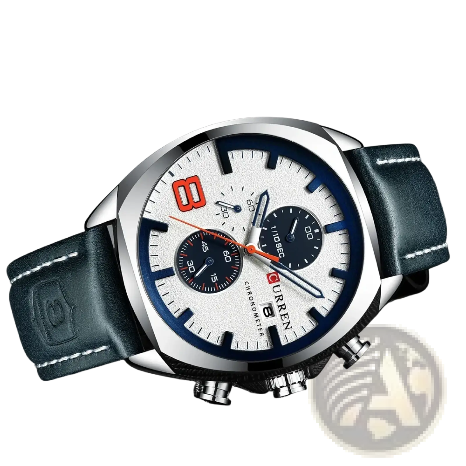 Curren chronograph leather watch for men with silver case white textured dial blue accents orange numerals dark green strap
