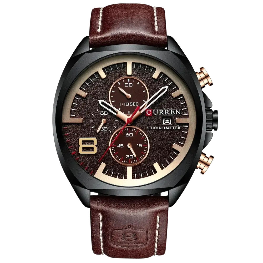 Curren chronograph leather watch for men with brown leather strap white stitching black case and gold-tone accents