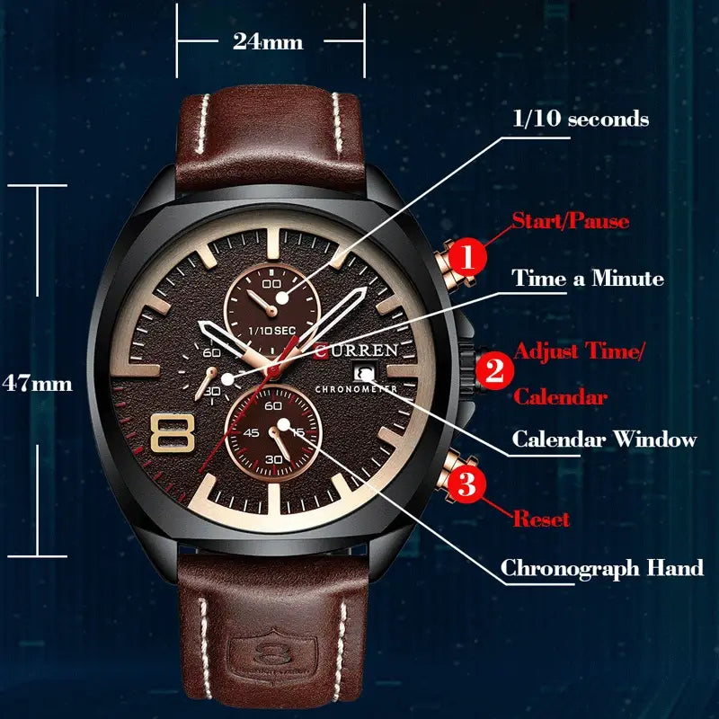 Curren chronograph leather watch for men with brown leather strap, white stitching, black case, and three sub-dials on dark face