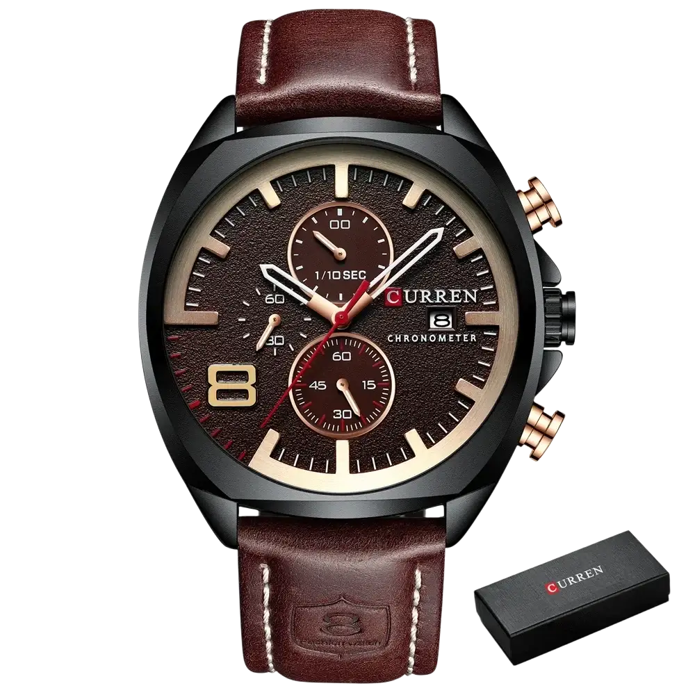 Curren chronograph leather watch for men with brown leather strap white stitching black case and dark brown dial gold accents