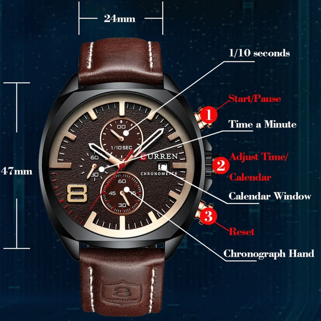 Curren chronograph leather watch for men with brown leather strap, white stitching, black case, and three sub-dials on dark face