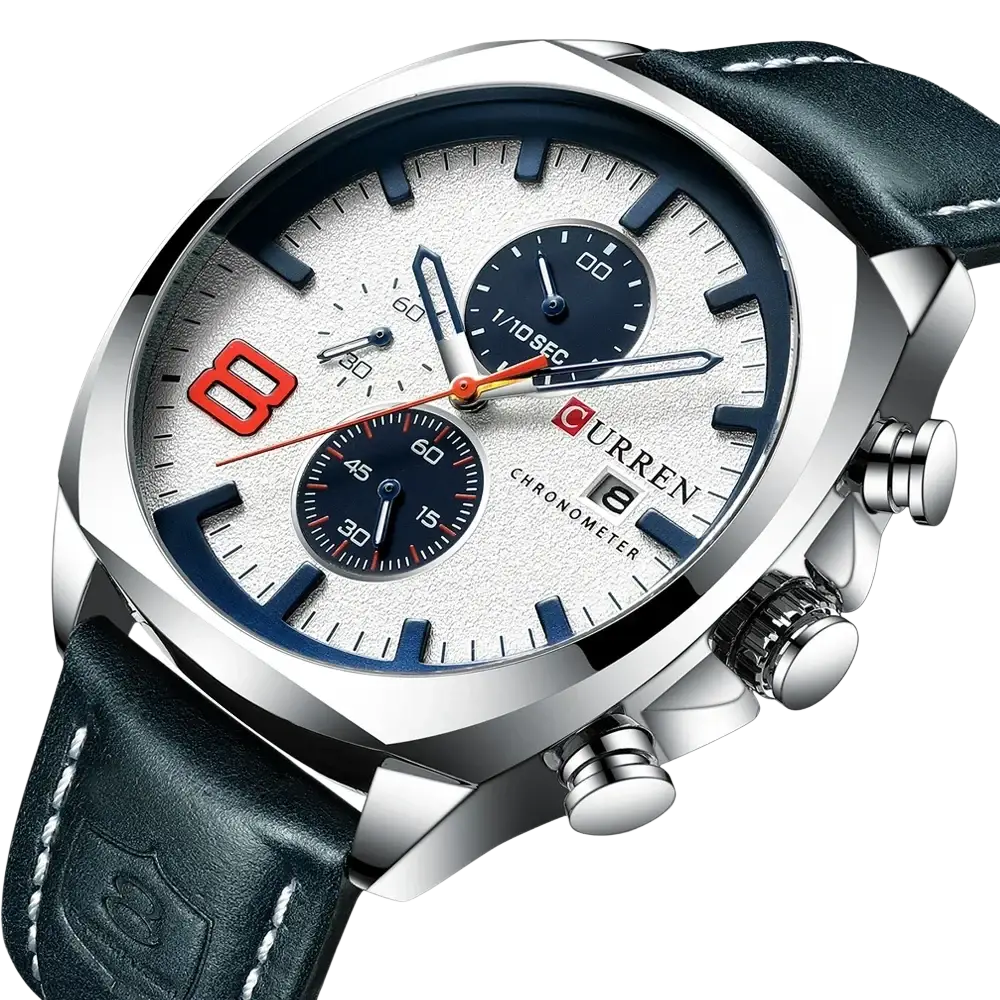 Curren chronograph leather watch for men with silver stainless steel case white dial and blue red subdial accents