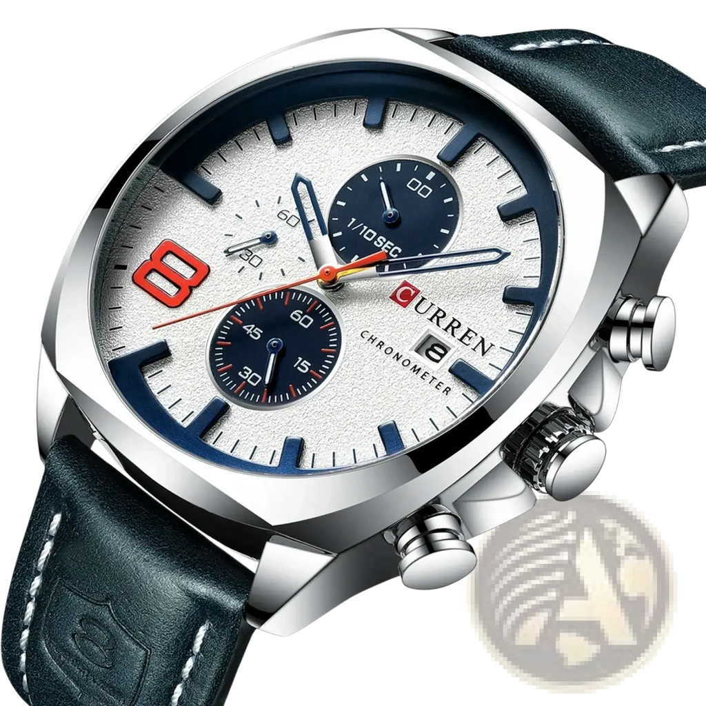 Curren chronograph leather watch for men with silver stainless steel case white dial and blue red subdial accents