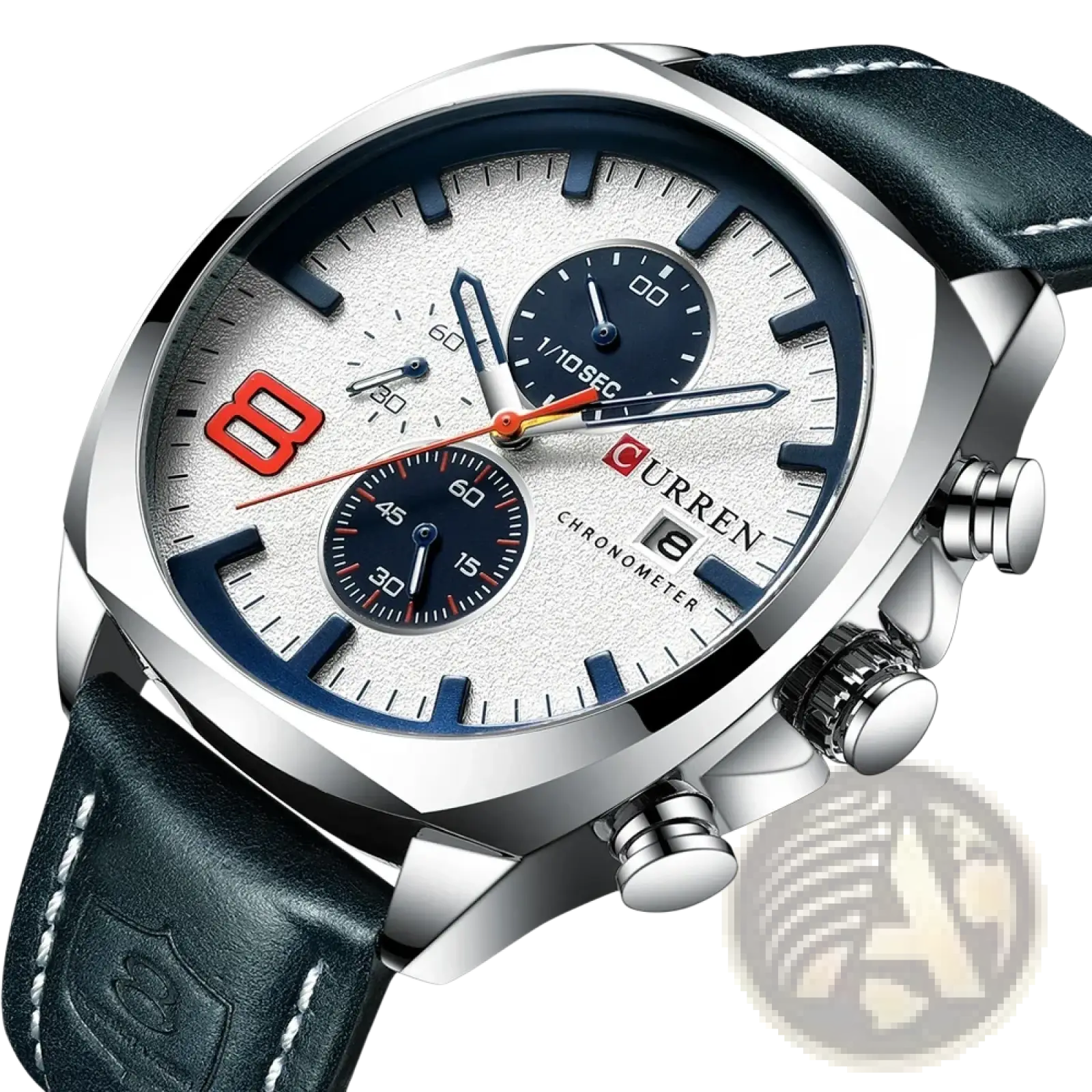 Curren chronograph leather watch for men with silver stainless steel case white dial and blue red subdial accents