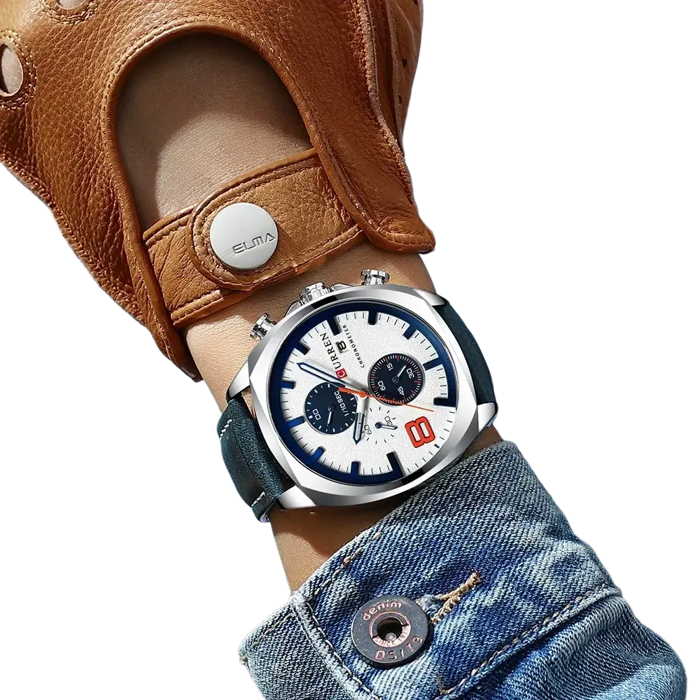 Curren chronograph leather watch for men with a silver-toned case, white dial, blue accents, and black subdials worn on wrist