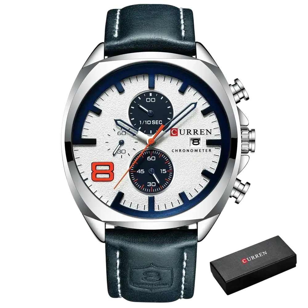 Silver-toned Curren chronograph leather watch for men with white dial, black and orange accents, blue bezel, and dark strap