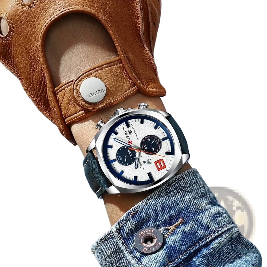 Curren chronograph leather watch for men with a silver-toned case, white dial, blue accents, and black subdials worn on wrist