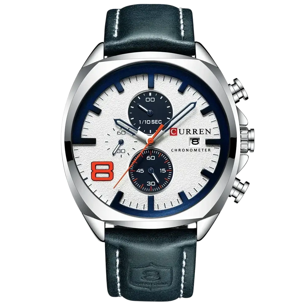Curren chronograph leather watch for men with a silver case, white dial, navy accents, black subdials, and dark leather straps