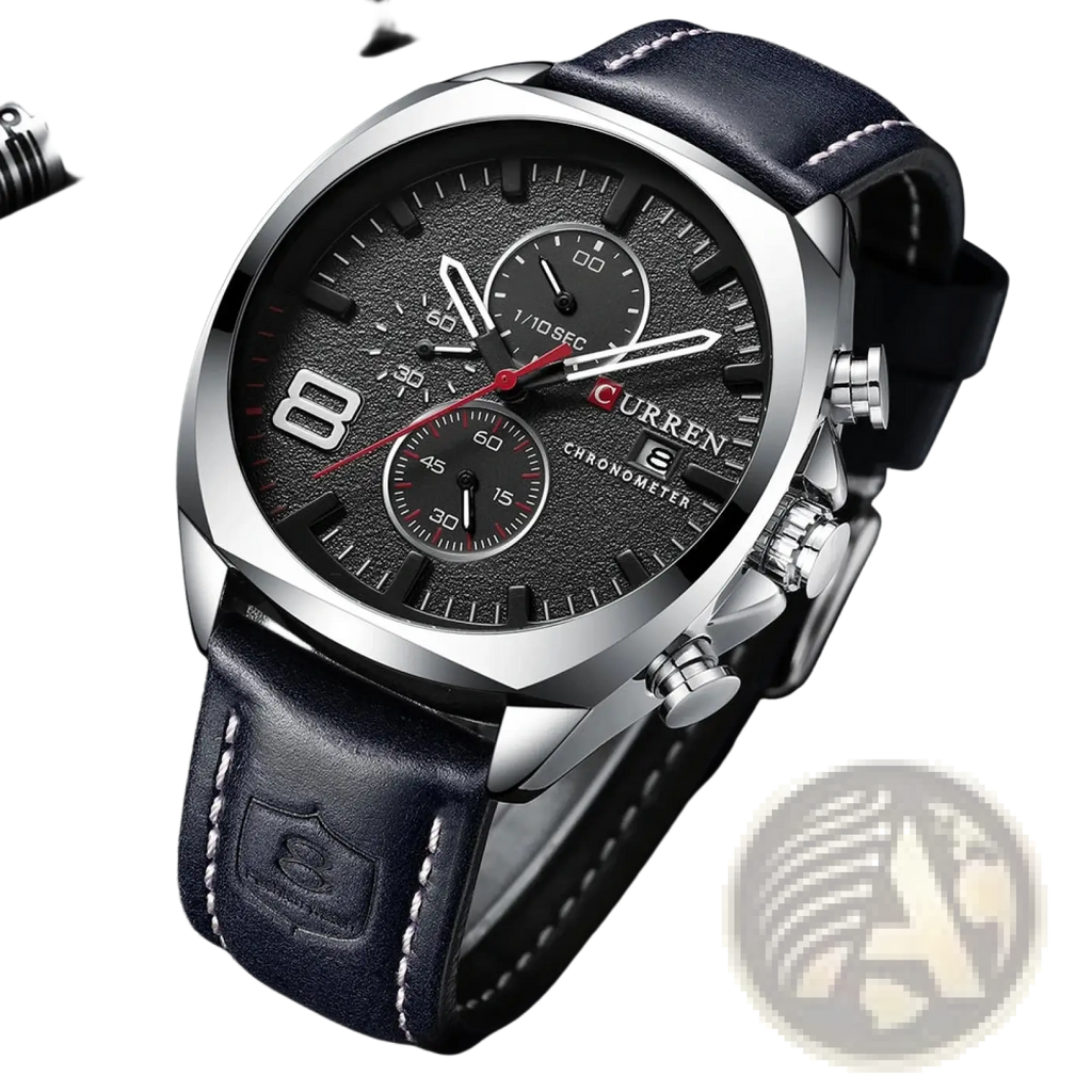 Curren chronograph leather watch for men with silver case, black textured dial, red accents, and dark blue leather straps