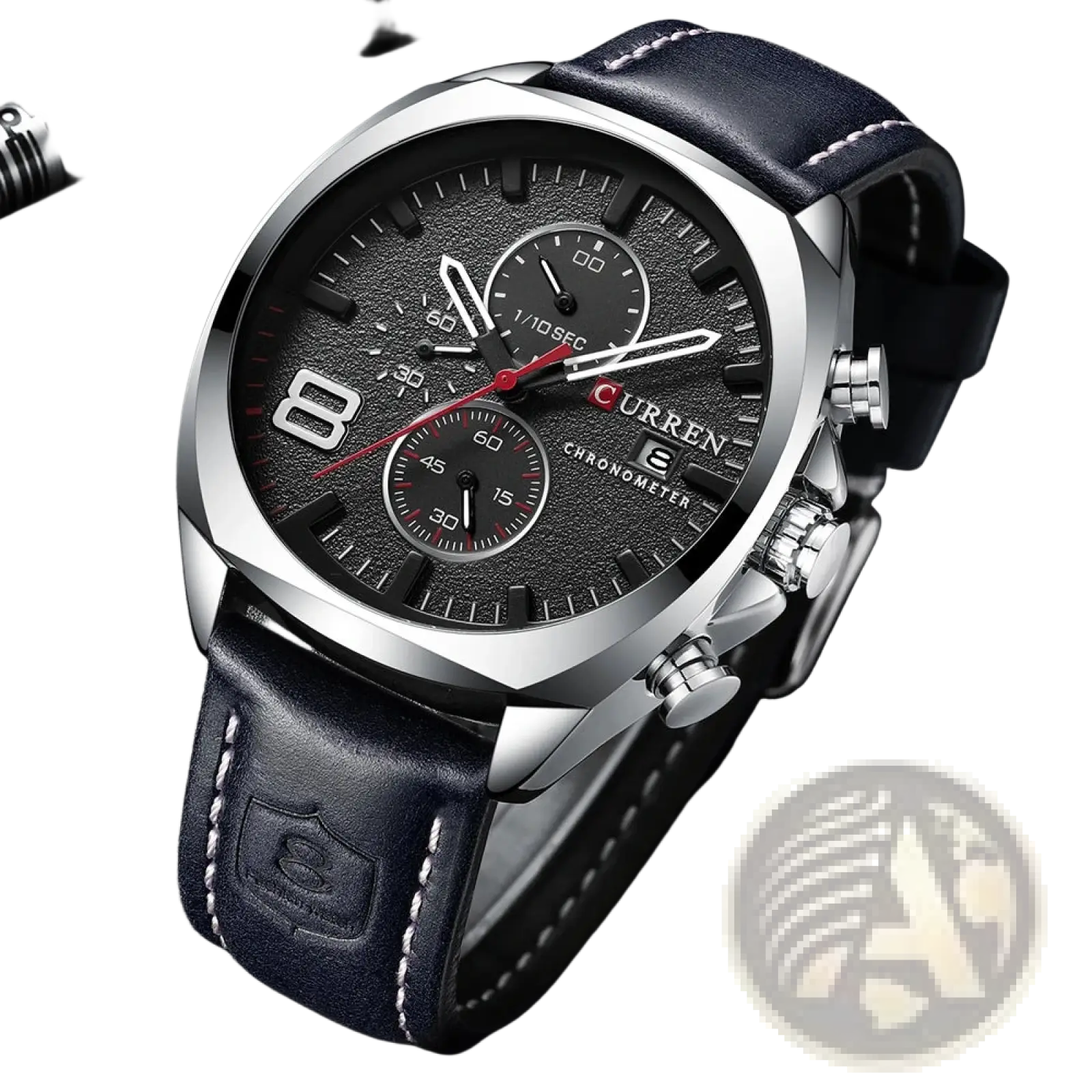 Curren chronograph leather watch for men with silver case, black textured dial, red accents, and dark blue leather straps