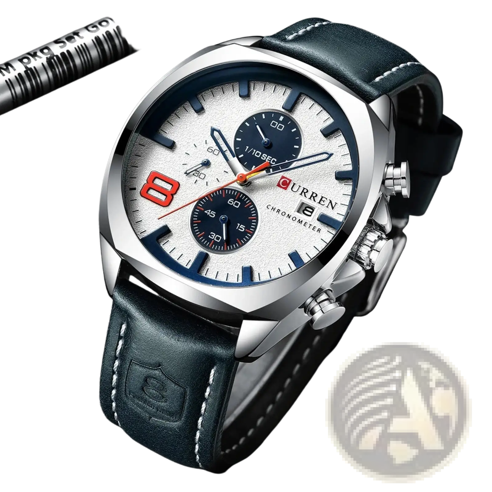 Curren chronograph leather watch for men with a silver case, white textured dial, navy blue accents, and black strap