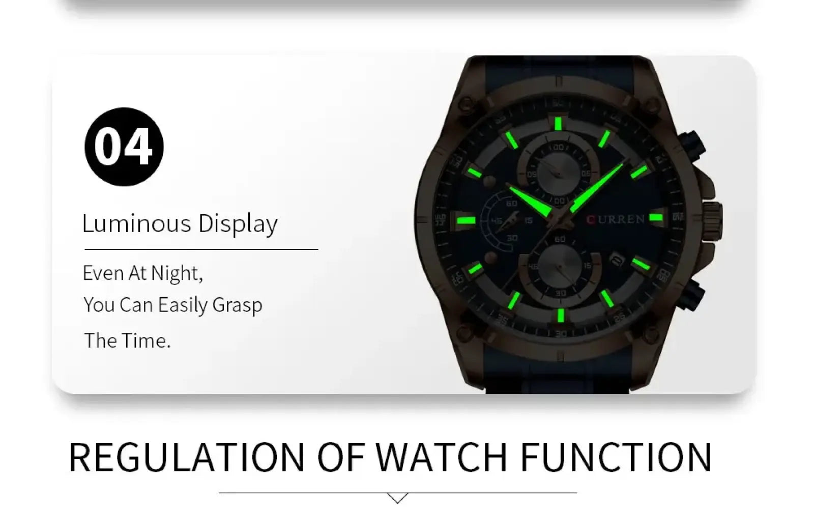 Curren gold chronograph watch with black stainless steel case and glowing green hands and markers on dark dial