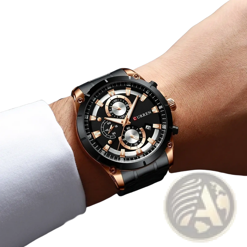 Black and rose gold Curren gold chronograph watch with stainless steel case and black rubber strap