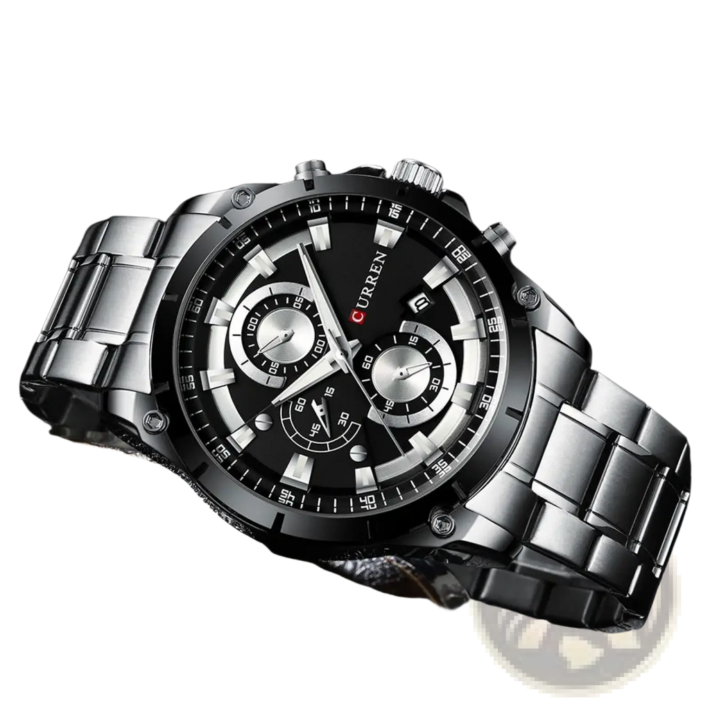 Black and silver Curren chronograph watch with metallic stainless steel bracelet and gold accents for elegant timekeeping