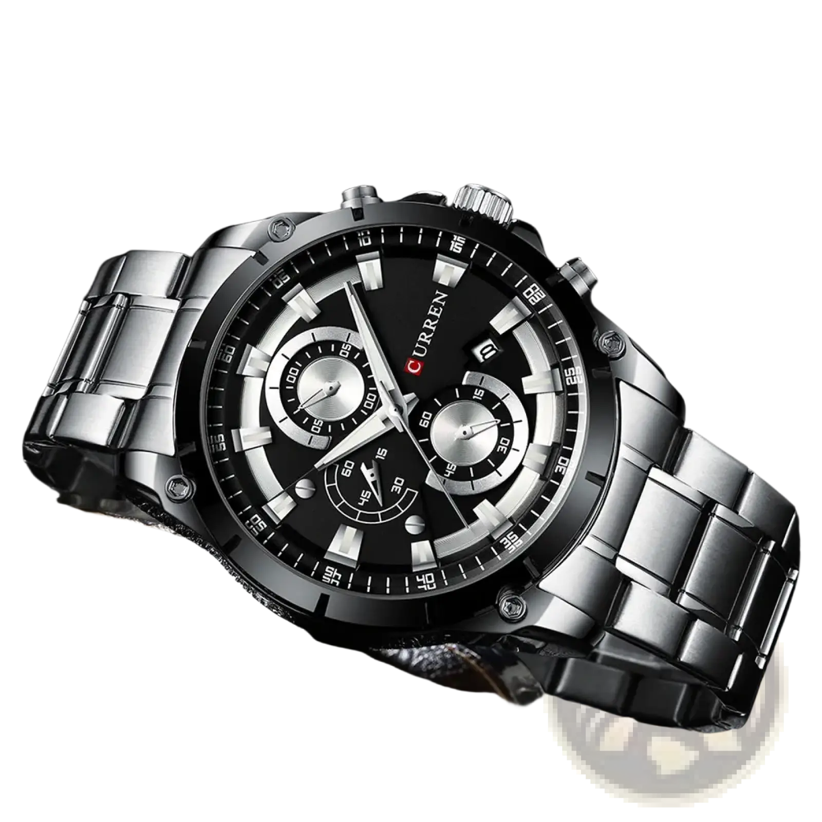 Black and silver Curren chronograph watch with metallic stainless steel bracelet and gold accents for elegant timekeeping