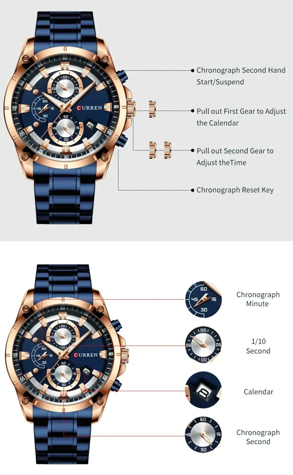 Blue and gold Curren chronograph watch with stainless steel bracelet for stylish and durable timekeeping