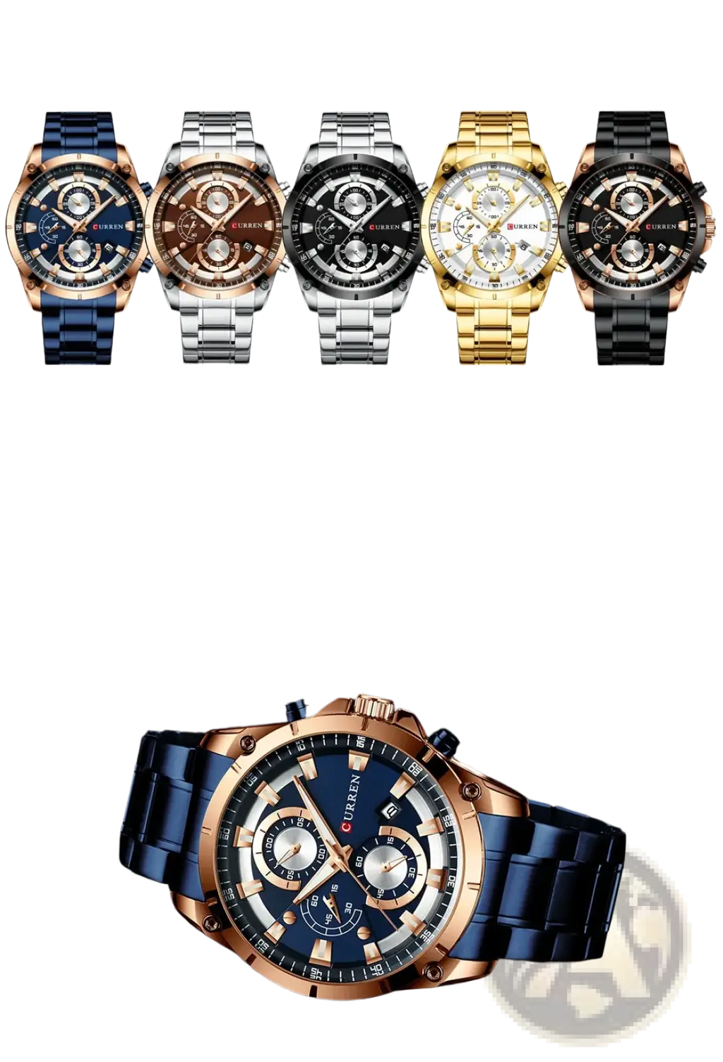 Curren men’s gold chronograph watch with blue dial, rose gold-tone stainless steel case and blue stainless steel bracelet