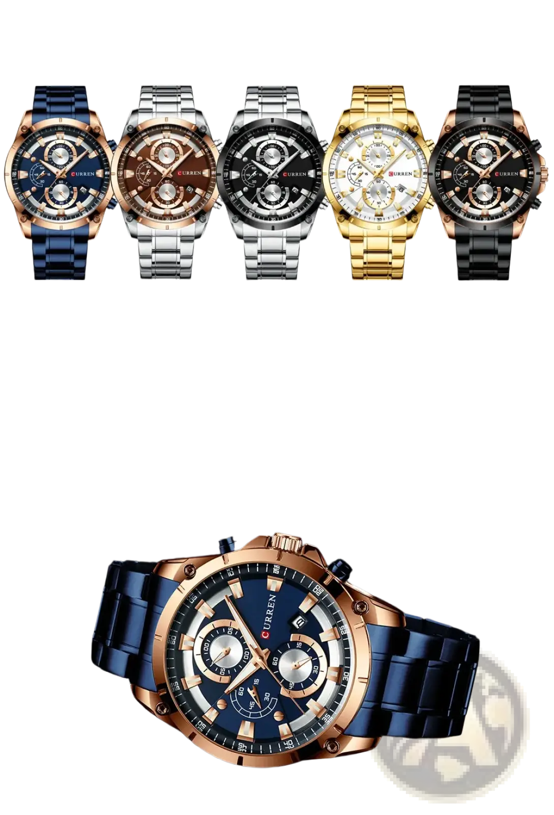 Curren men’s gold chronograph watch with blue dial, rose gold-tone stainless steel case and blue stainless steel bracelet
