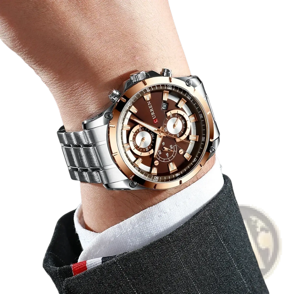 A men’s Curren Gold chronograph watch with two-tone stainless steel and rose gold case and brown dial