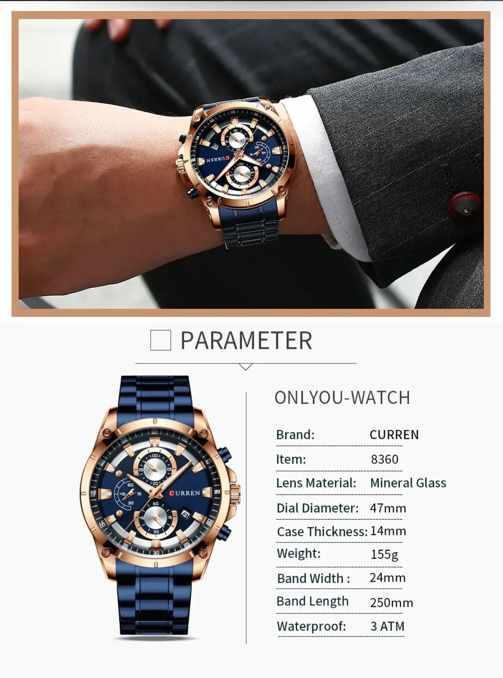 Rose gold and navy blue Curren gold chronograph watch stainless steel with mineral glass face and precise timekeeping features