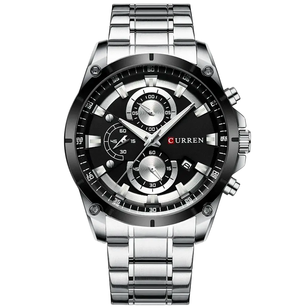 Silver-toned Curren chronograph watch with black dial multiple subdials and stainless steel metallic link bracelet