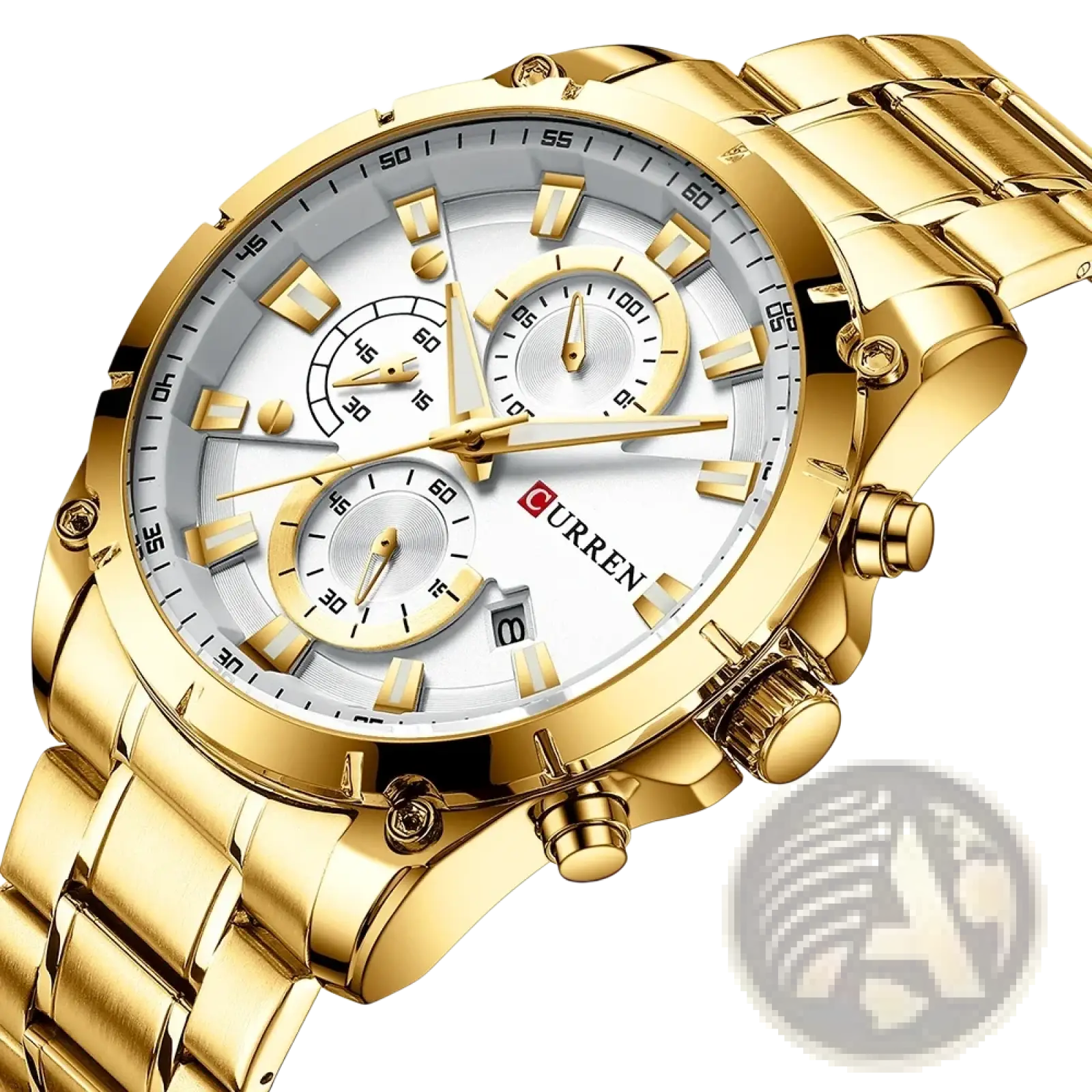 Curren gold chronograph watch stainless steel with white dial gold-tone hands markers two subdials and date window at 3 o’clock