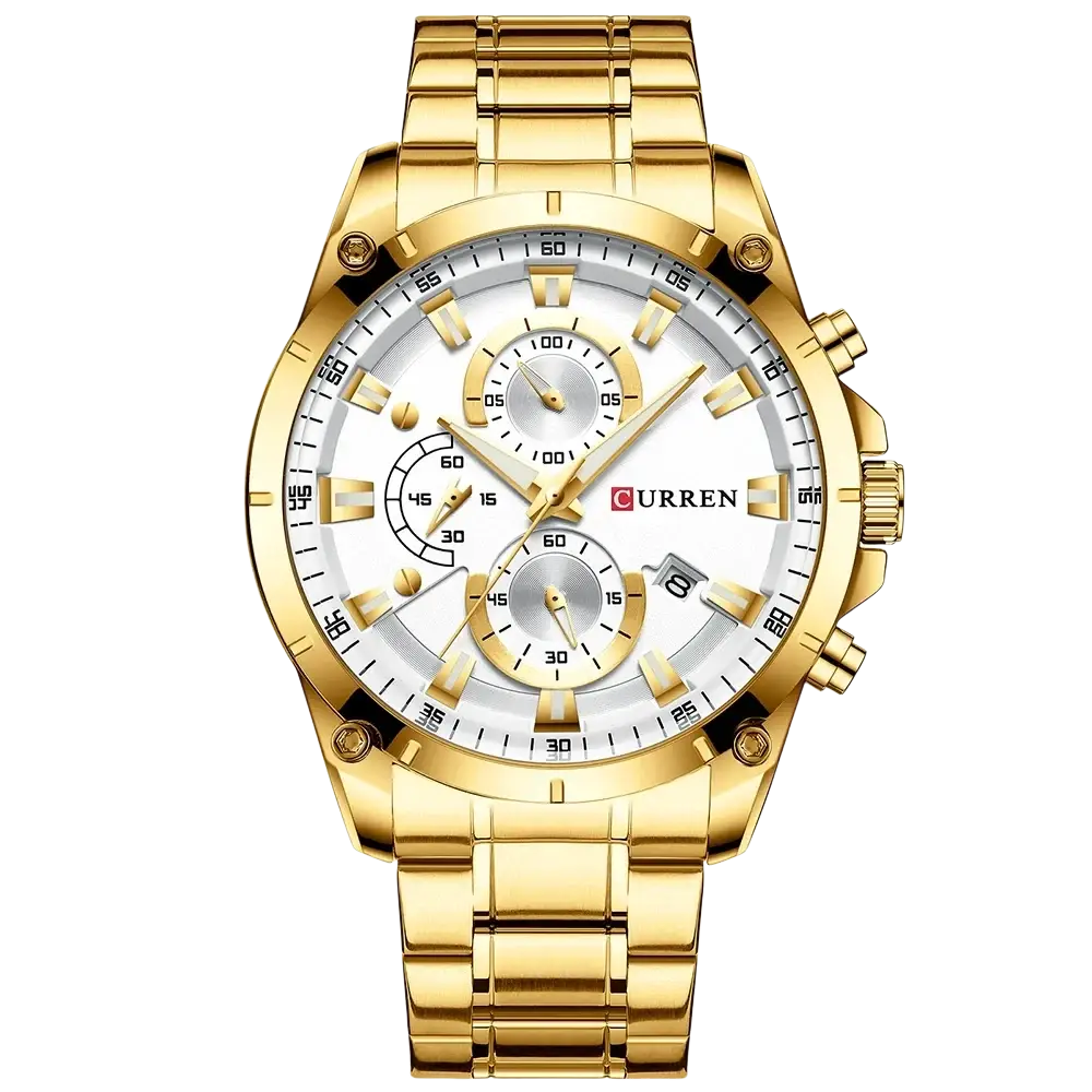 Curren gold chronograph watch with white dial, three subdials, and gold-toned stainless steel bracelet